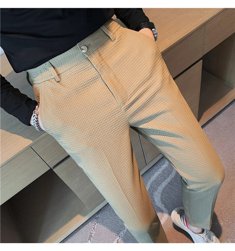 Suit Pants Autumn Winter Fashion Waffle Dress Pants For Men Clothing Business Casual Slim Fit Men's Formal Trousers High Quality