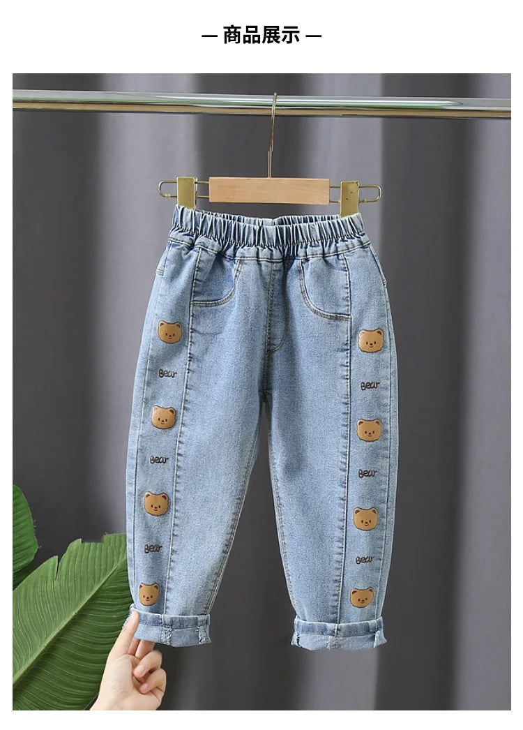 Kids Girl Jeans Floral Cartoon Long Pants Spring Autumn Graffiti Painting Print Casual Trousers with Hole Children Denim Pants