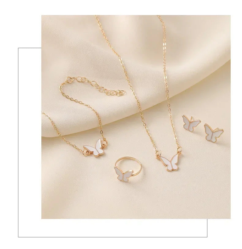 New Personalized Butterfly Glazed Bracelet Ring Necklace Earring, Exquisite Small and Fashionableand High Sense Collar Chain Set