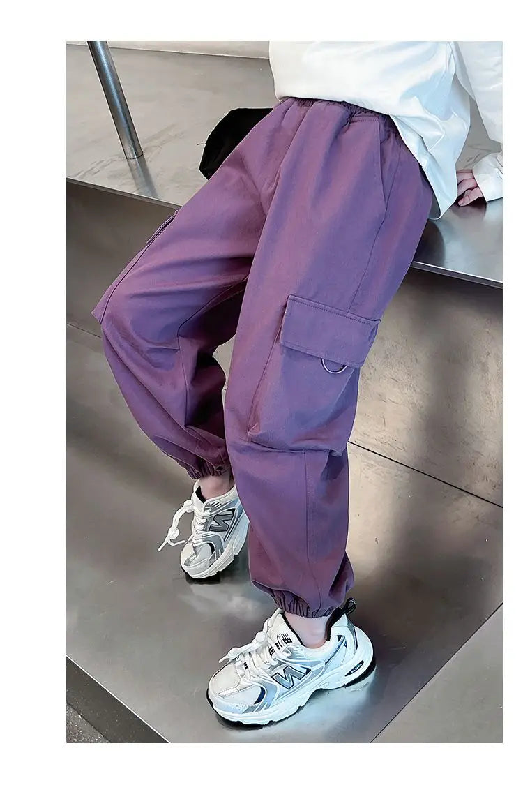 Girls Purple Casual Pants Big Children's Clothing Korean Black Cargo Long Pants Girls 2024 Spring Fashion New Cotton Trousers