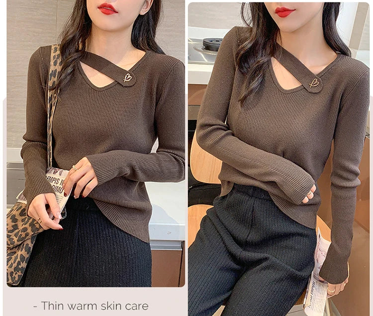 Hollow-out V-neck Women's Sweater Autumn Winter Knitted Pullovers Slim Bottoming Solid Soft Knitwear Jumpers Basic Sweaters 2024