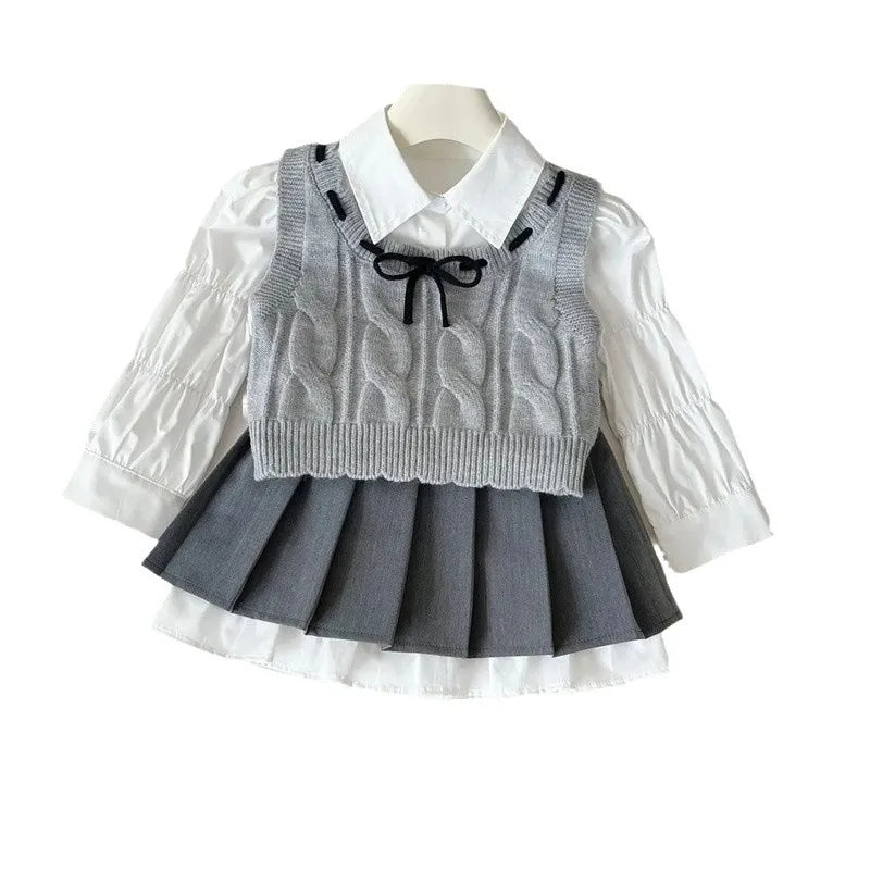 Spring Autumn Children Girl 3PCS Clothes Set Cotton White Ruched Shirts Knitted Bow Vest Pleated Skirts Suit Toddler Girl Outfit