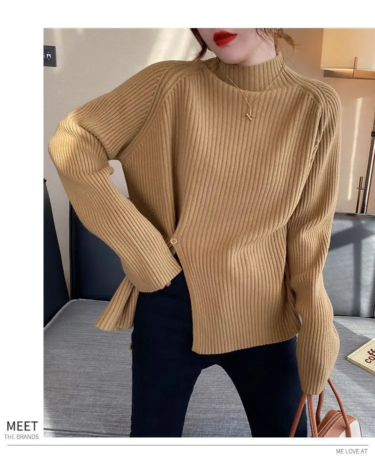 2024 Women Sweater Pullovers Turtlneck Casual Autumn Winter Split Fork Button Chic Sweater Female Slim Knit Top Soft Jumper Tops