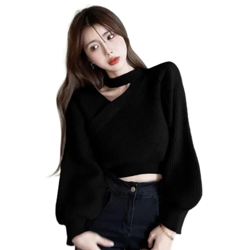 Women's Neck Hanging Solid Sweater Warm Pullover Sweater V-neck Cross Neck Off Shoulder Knitwear Tops