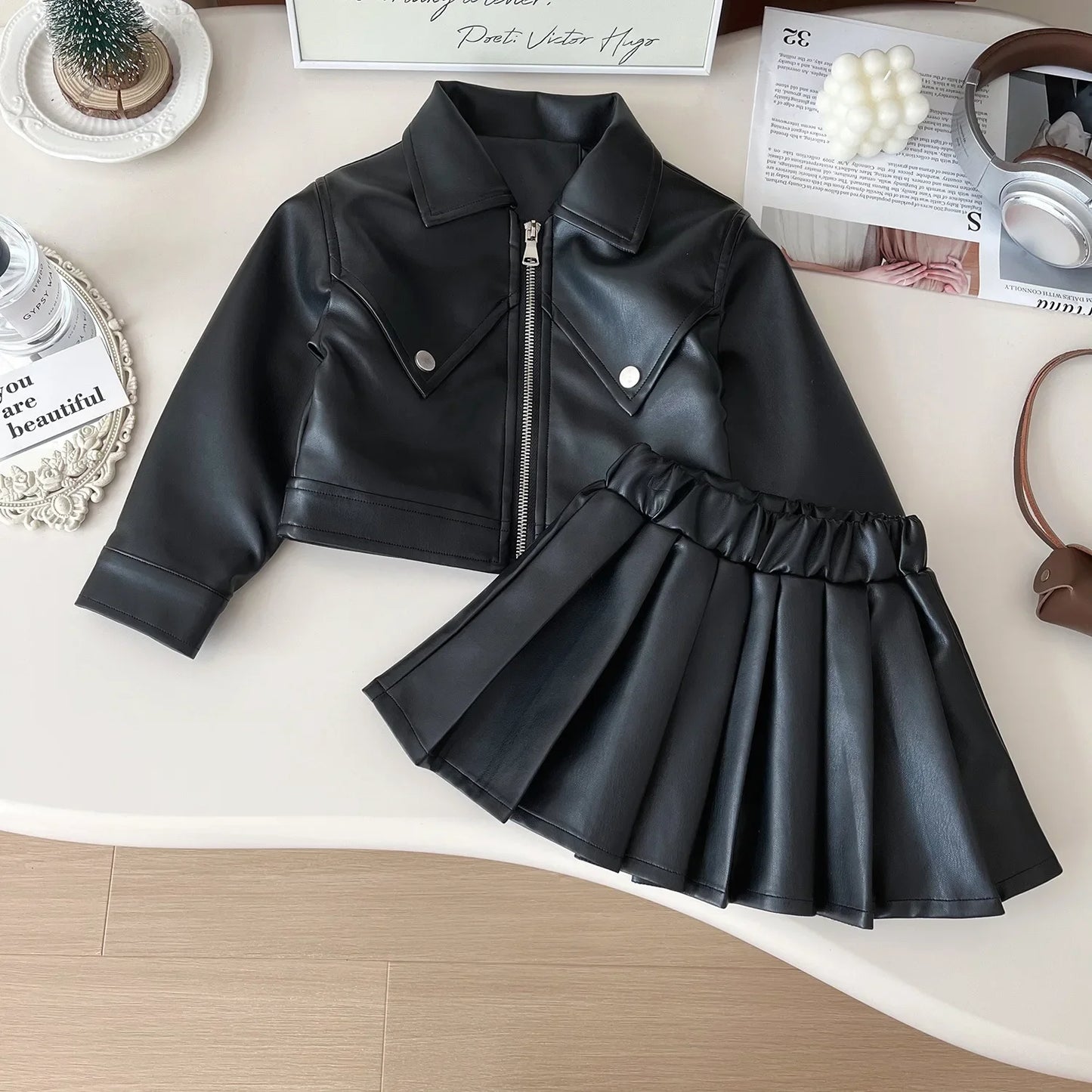 Two-piece Set for Girls Handsome Lapel Solid Leather Top + Solid Leather Pleated Skirt  Kids Clothes Girls  Toddler Girl Clothes