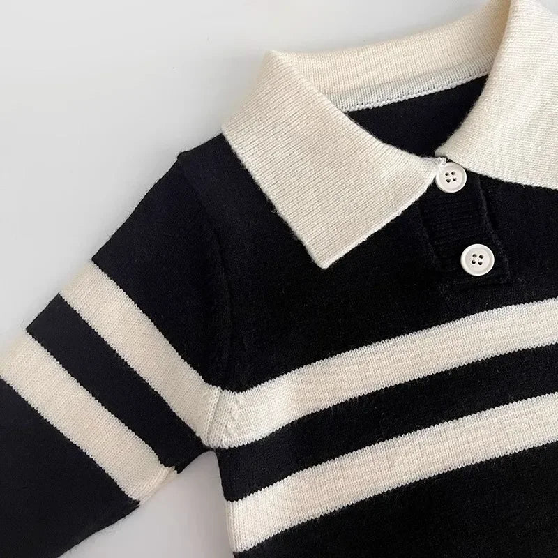 2023 New Korean Style Spring Autumn Children's Sweater Boys Girls Two-piece Button Striped Lapel Knitted Top Casual Fit Stylish