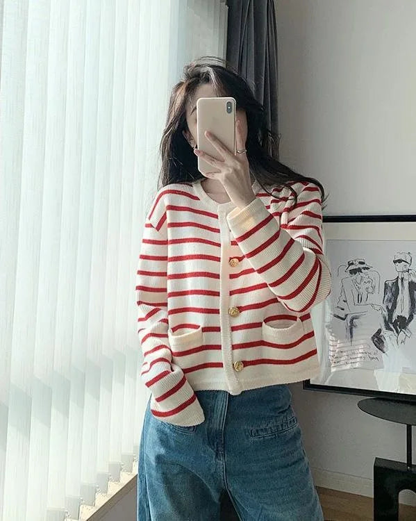 Stripe Knitted Cardigan Women Spring Autumn O-neck Single Breasted Long Sleeve Crop Tops Fashion Casual Chic Female Sweaters