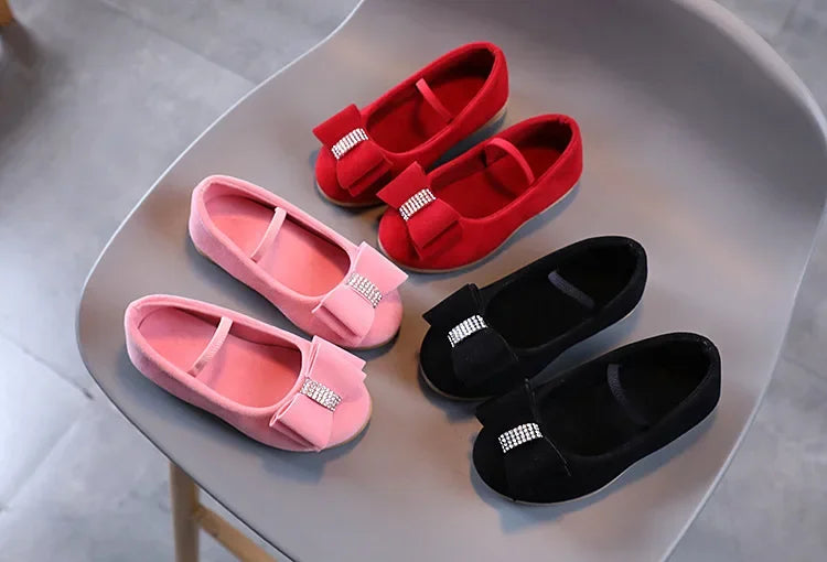 Elegant Girl Princess Shoes Fashion Bowtie Children's Leather Shoes Spring Autumn Kids Causal Solid Color Velvet Moccasins Chic