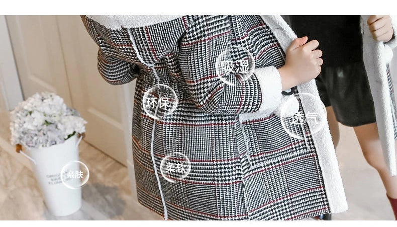 4-15 Year Children Outwear Winter for Girl Plaid Thicken Woolen Jacket Coat Teenage Kids Outfits Wool Long Outerwear Warm Fleece