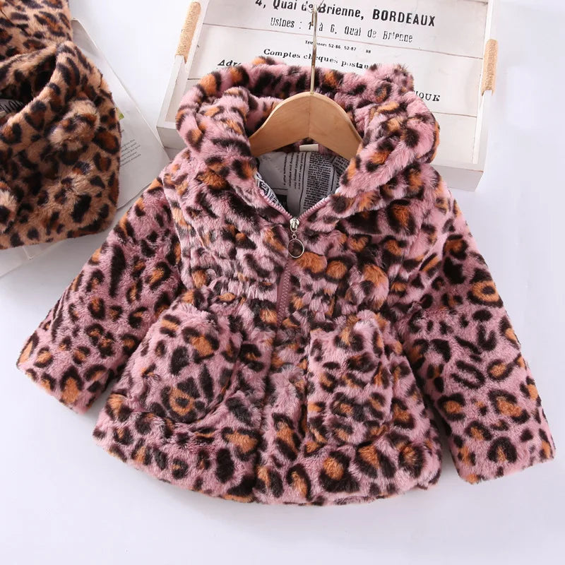 Autumn Winter Plush Baby Girls Jacket Fashion Leopard Print Warm Faux Fur Coat For Girls Hooded Outerwear 2-8 Years Kids Clothes