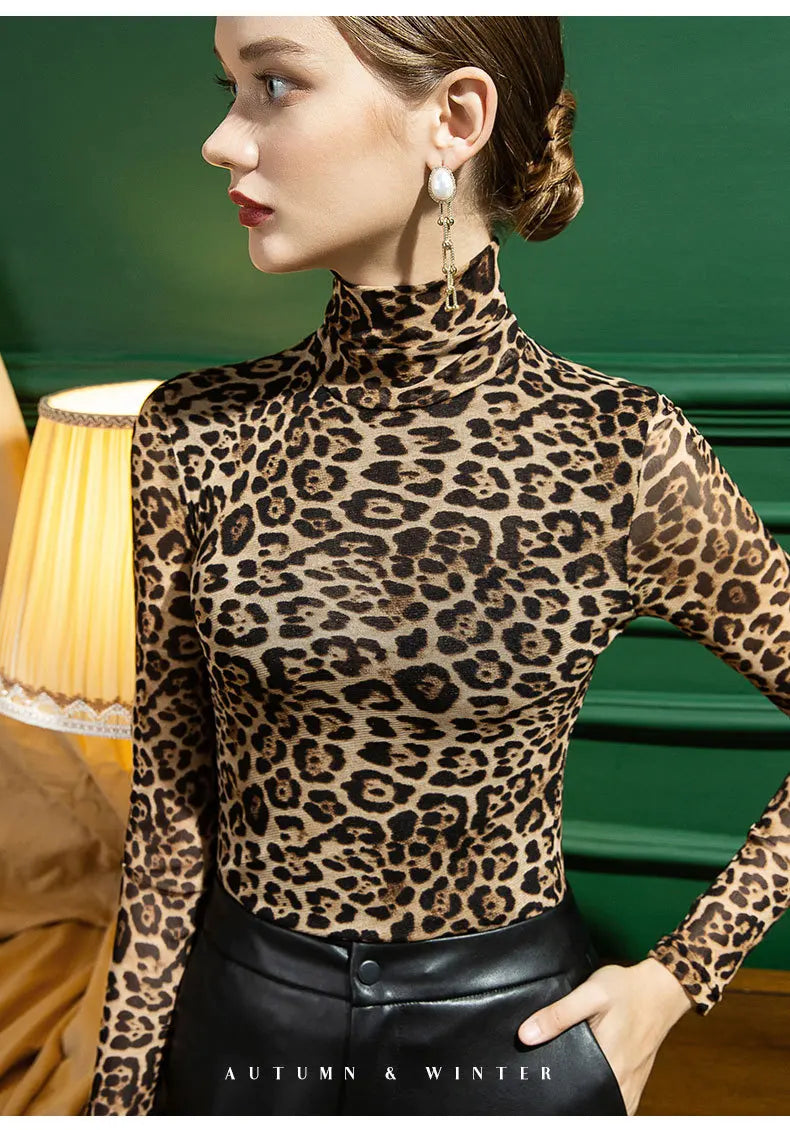 2023 Leopard Printed High Neck Bottom Women's Autumn Winter Pullover Sweater Slim Fit Long Sleeves Top S-3XL