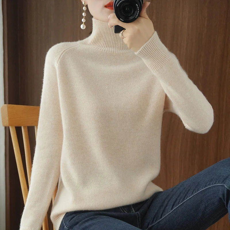 Turtleneck Merino Wool Pullover Basic Casual Cashmere Sweater Comfort Autumn Winter Women's Raglan Sleeve Clothing Tops