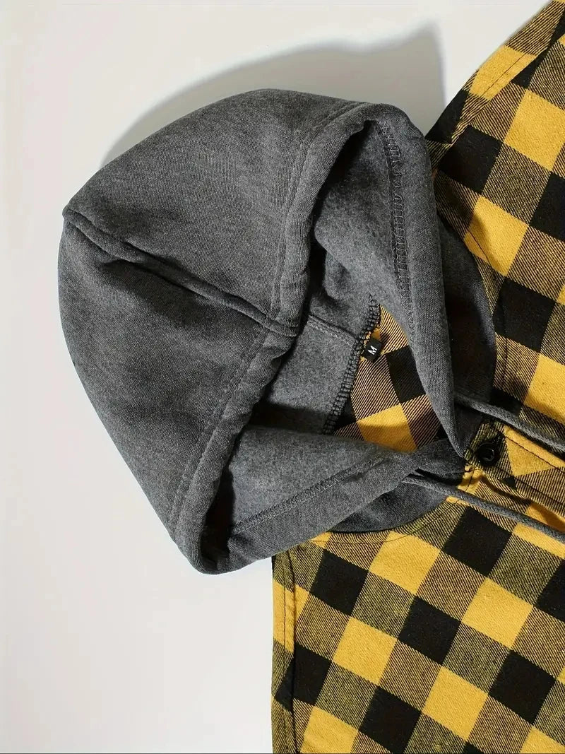 Spring Autumn Men's Hoodies Shirts Classic Plaid Casual Button Down Hooded Long Sleeved Double Pockets Shirt Flannel Jacket Tops