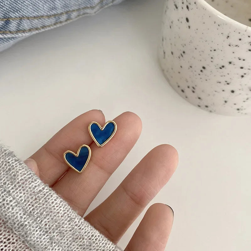 Cute Korean Earrings Heart Bling Zircon Stone Blue Color Stud Earring for Women Fashion Designer Jewelry 2024 Aretes De Mujer