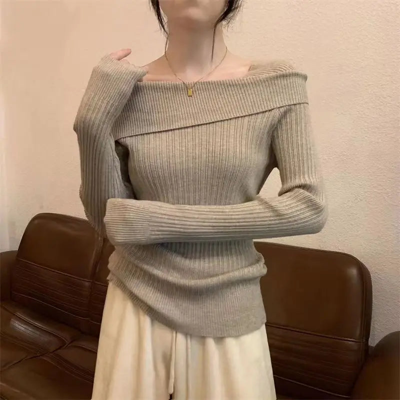 Women Slim Off Shoulder Knit Sweater Slash Neck Long Sleeve Knitwear Jumpers Office Sweater For Women 2023 Autumn Winter