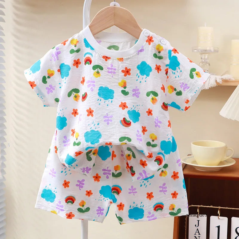 Kids Suit Clothes for Girls Cartoon Short Sleeve T-shirt Tops+shorts Summer Children's Clothing Baby Boys Set