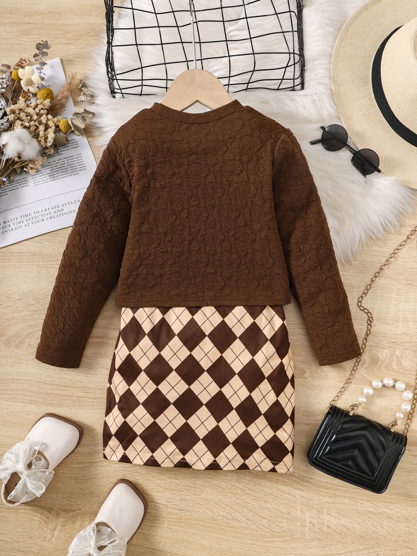 1-8 Years Dress Kid Girls 2PCS Clothes Set Brown Long Sleeved Top+ Lattice Sling Dress Fashion BirthdayParty Photograph Outfit