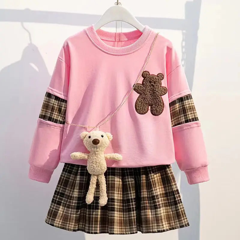 3-14 Years Teenager Girls Outfits Cute Bear Sweatshirt + Plaid Skirt 2Pcs Suit For Girls Birthday Present Children Clothing Sets