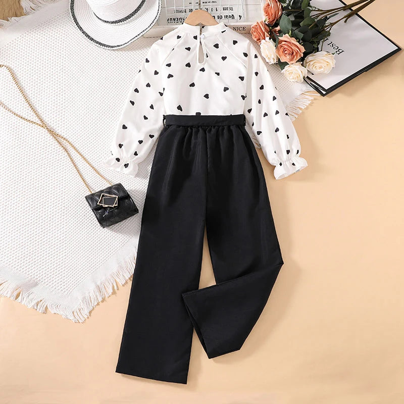 Autumn New Girls Outfit 8-12 Years Girls Long Sleeve Shirt With White Heart + Black Wide-Leg Pants Pastoral Retro Kids Suit