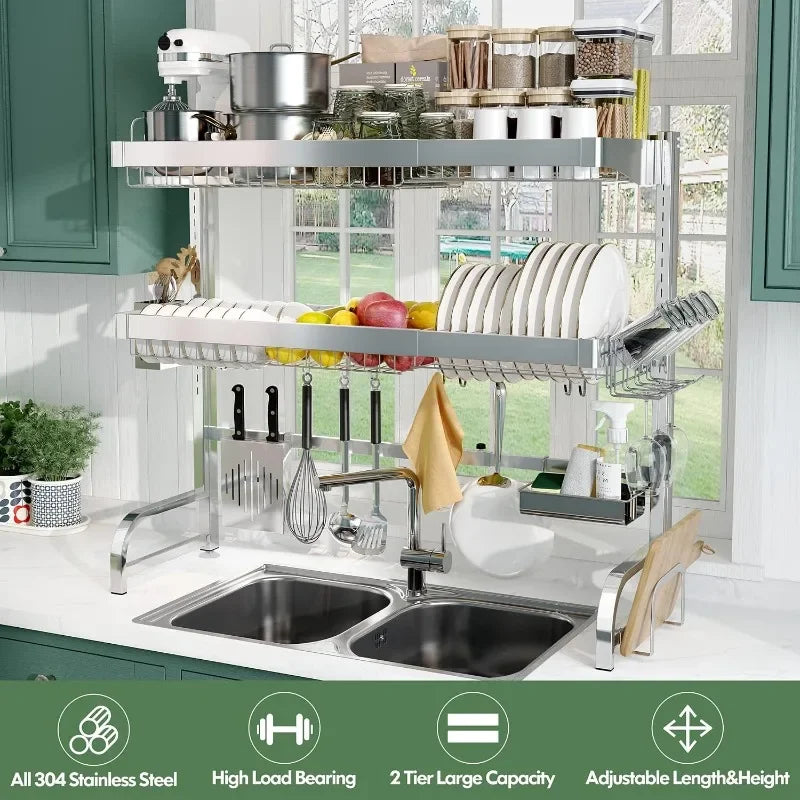 BOOSINY Over Sink Dish Drainer Drying Rack,Adjustable (25.5"-35.5")3 Tier Large Dish Racks for Kitchen Storage Counter Organizer