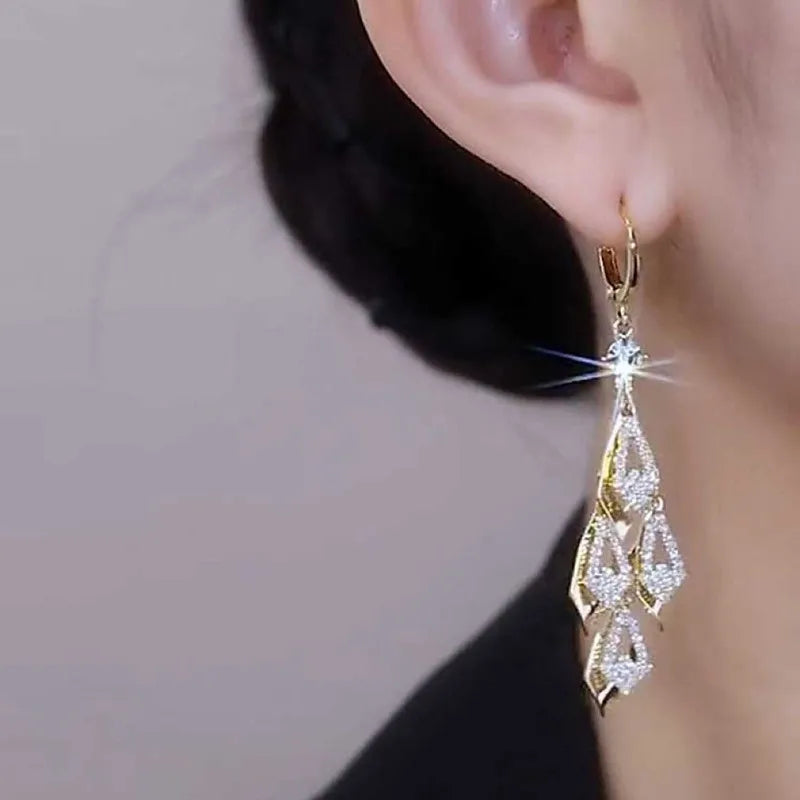 Super Sparkling Rhombus Zircon Golden Tassel Earrings For Women Fashion Personalized Daily Accessory Party Jewelry Birthday Gift