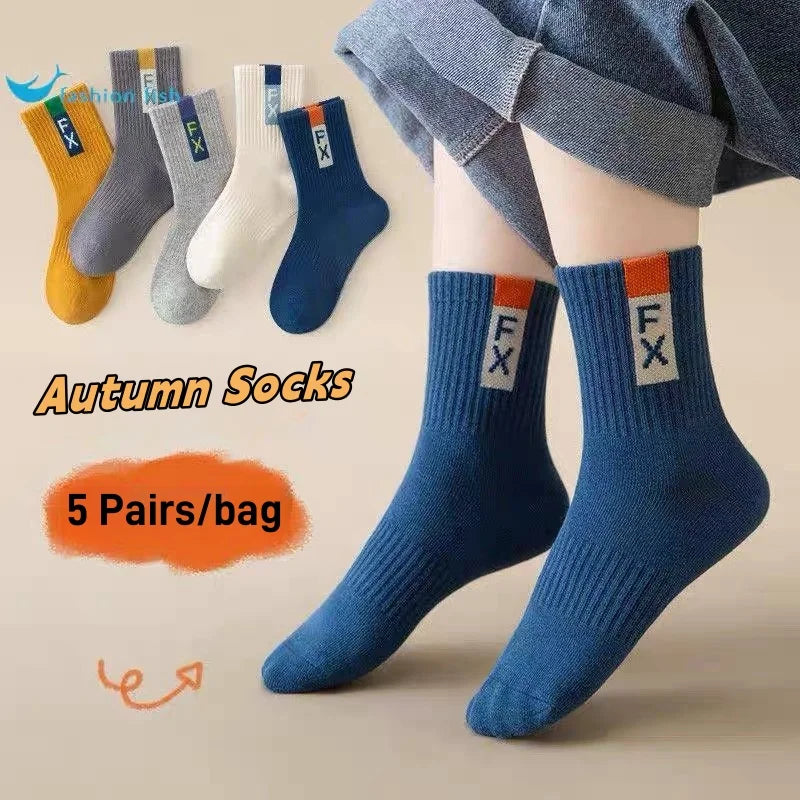 5 Pairs Children's Socks Autumn Mid-calf Length Cotton Socks Kids Boys Sporty Socks Crew Sock