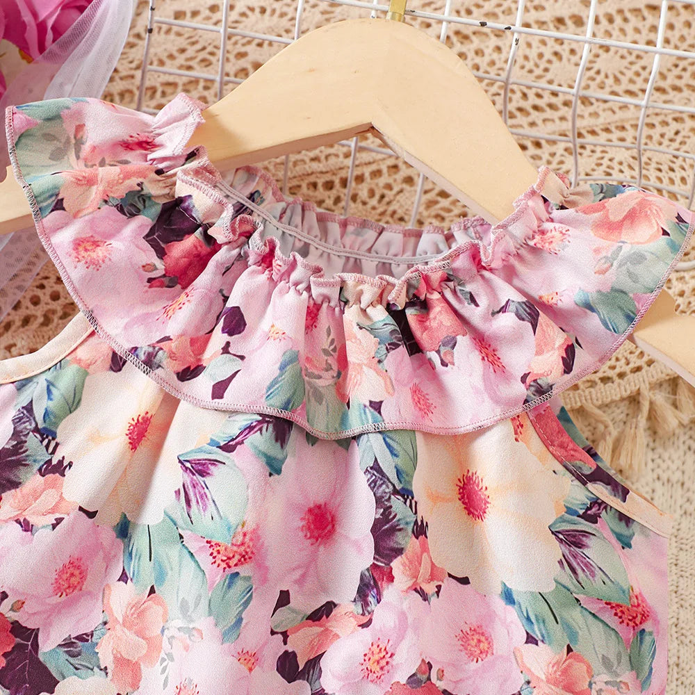 Kids Casual Summer Clothing Sets Outfits for Girls 2024 New Toddler Floral Print Ruffles Tops Short Pant Fashion Children 1-8Y