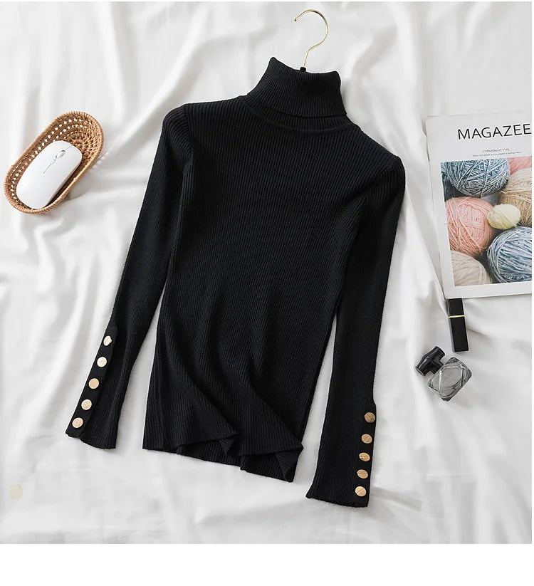 Thick Sweater Pullovers Long Sleeve Tops Women Autumn Winter Clothes Slim Knit Soft Jumper Streetwear Button Turtleneck Sweater