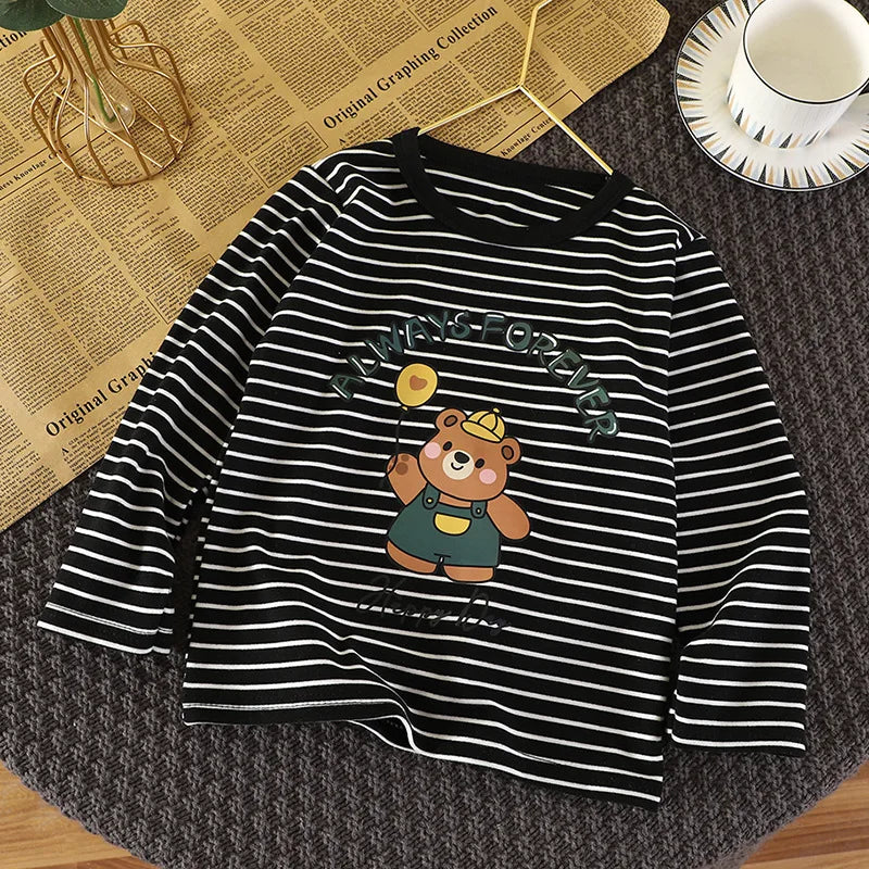 Baby Striped Shirt Autumn Winter Costume Child Boys Girls Cartoon Casual Loose Long-sleeved Tops Underwear