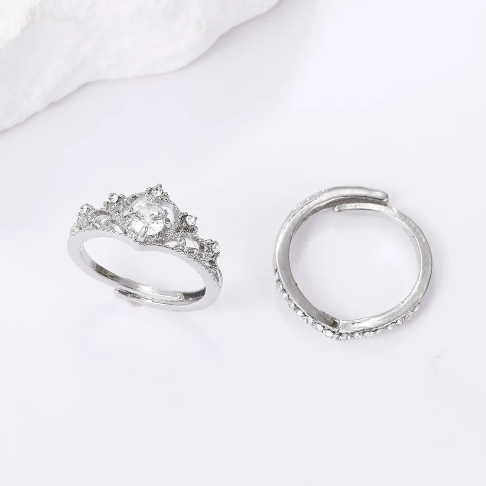 2pcs Set Crown Princess Zircon V Shape Couple Rings for Women Girls Cute Romance Opening Bride Finger Jewelry Anniversary Gift