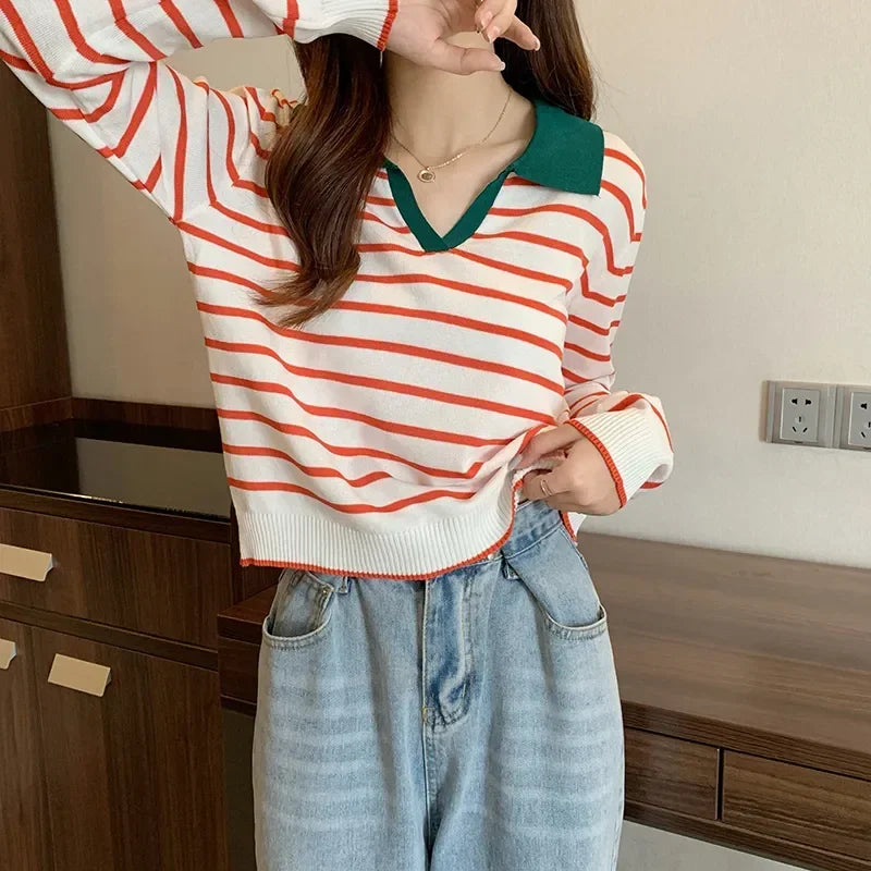 Women's Striped V-neck Pullover Polo Sweater Early Autumn All-match Tops Long-sleeved Knitted Bottoming Sweaters Jumpers New