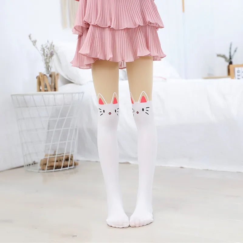 3-15Y Sweet Baby girl Kawaii tights kitten Cartoon Printed Princess Kids Pantyhose Cat Stripe Knee lovely Tattoo dance Stockings