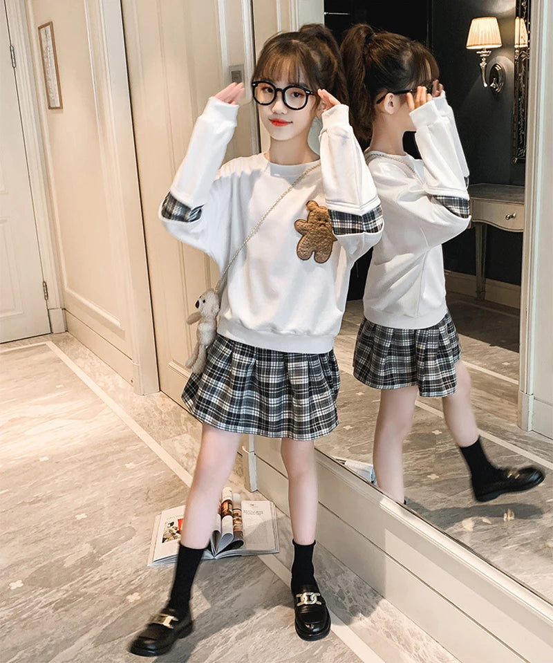 3-14 Years Teenager Girls Outfits Cute Bear Sweatshirt + Plaid Skirt 2Pcs Suit For Girls Birthday Present Children Clothing Sets