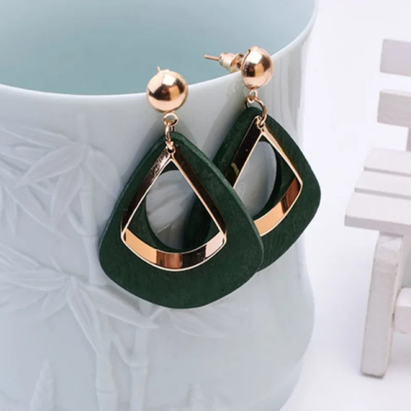 Vintage Hollow Water Droplet Dangle Earrings for Women Metal Wood Double Layer Hollow Out Geometric Drop Earrings Trendy Jewelry