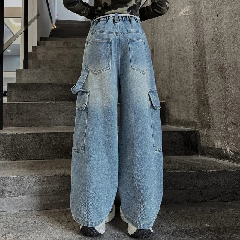 Cargo Jeans for Girls Spring Autumn Loose Casual Elastic Waist Teenage Children Wide Leg Pants Design Streetwear Kids Trousers