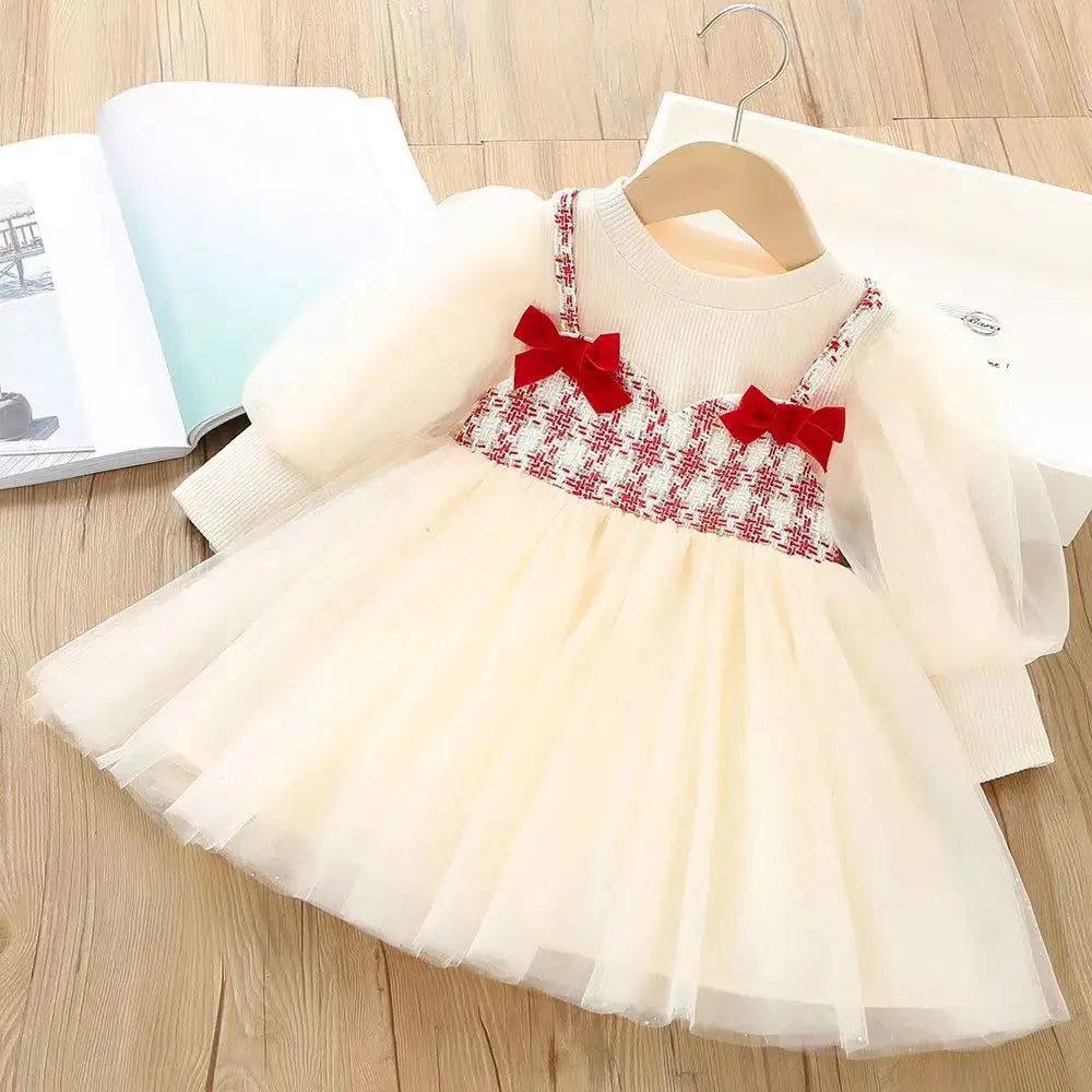 Girl's Long Sleeve Dresses Children Autumn Tulle Clothes Bow Kids Tutu Costume Plaid Birthday Party Wear