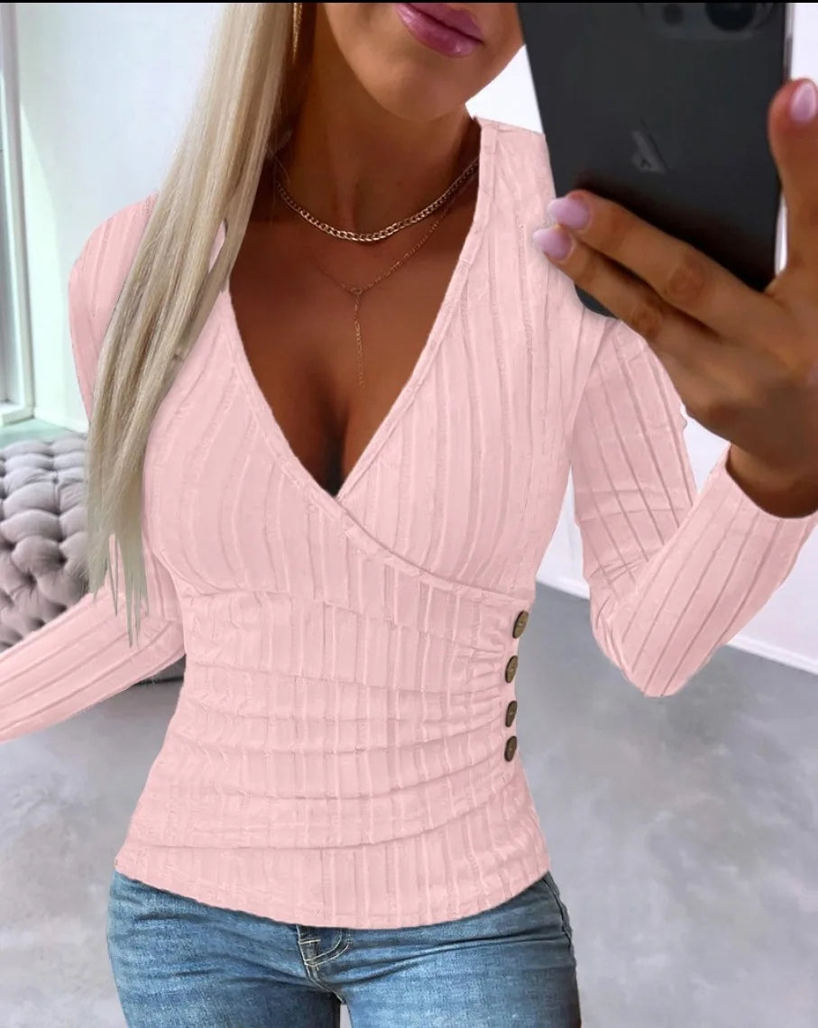 Elegant Deep V-neck Long-sleeved Slim Knitted Top For Women Fashionable Autumn Winter Simple Office Bodycon Pullover Female