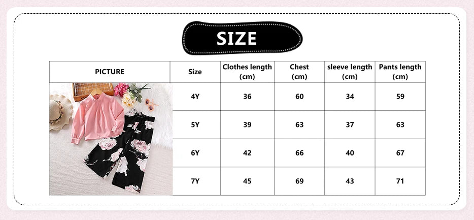 Kids Two Piece Set For Girl Pink Long Sleeve Top + Black Printed Trousers Casual Elegant Vacation Holiday Cute Floral Print Suit