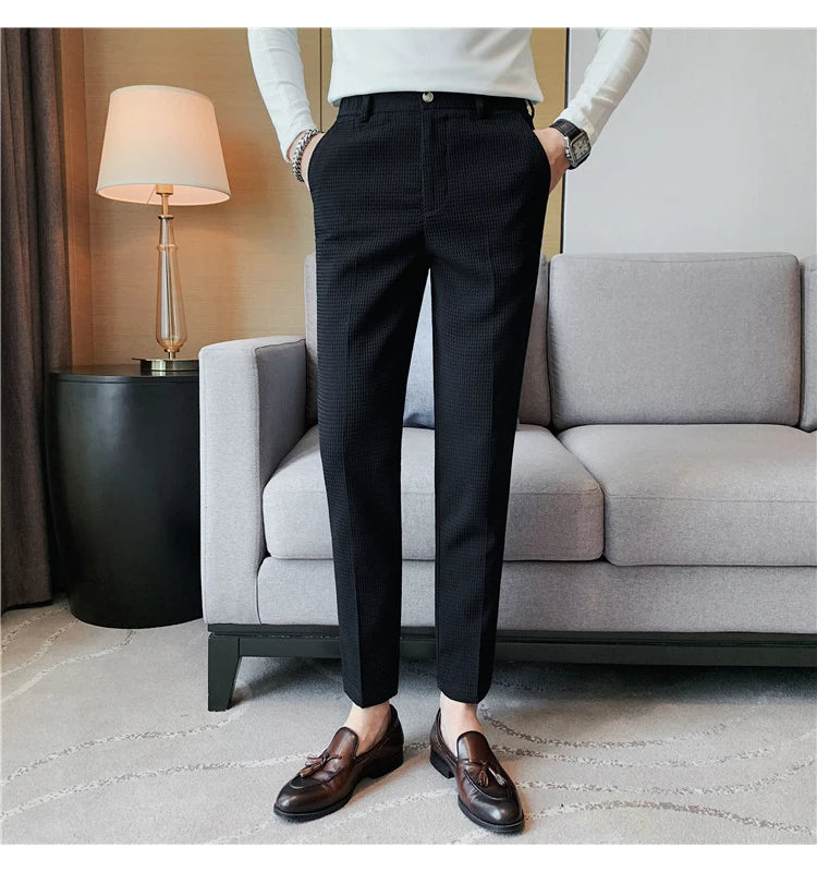 Suit Pants Autumn Winter Fashion Waffle Dress Pants For Men Clothing Business Casual Slim Fit Men's Formal Trousers High Quality