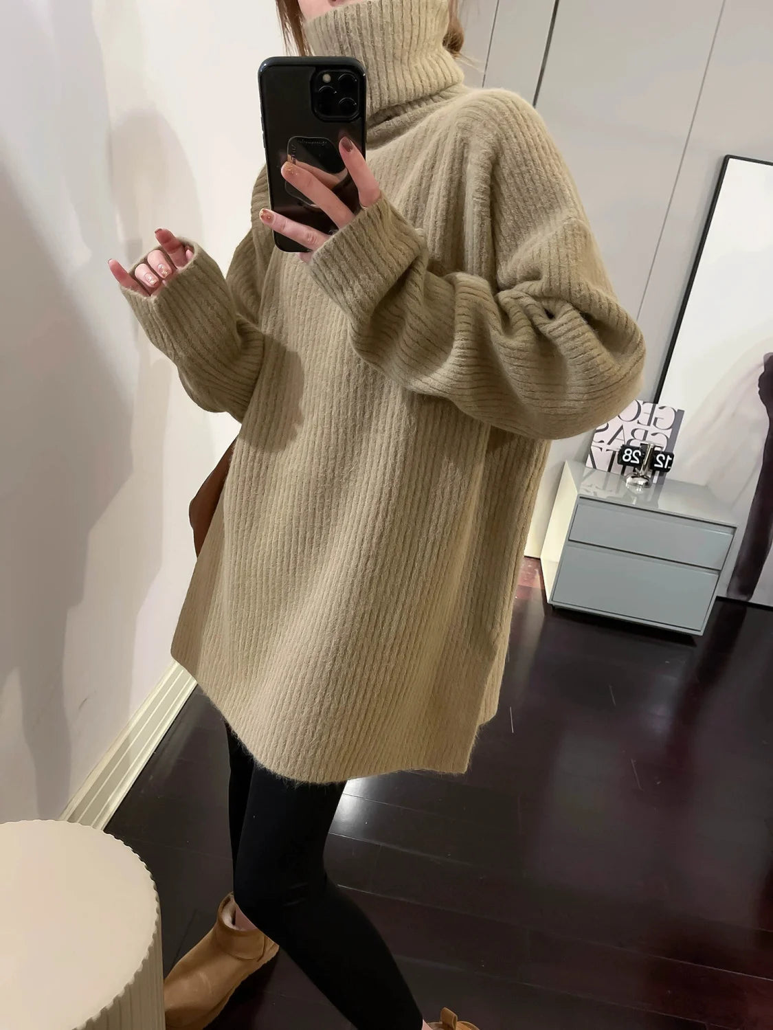 Women Simple Casual Oversized Turtleneck Knitted Sweater 2023 Autumn Winter Trendy Split Long Sleeve Pullover Tunic Tops Jumpers