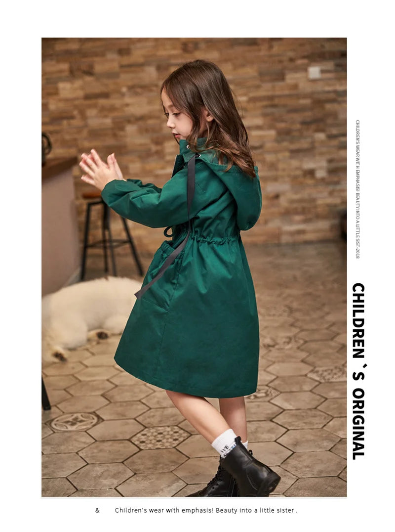 Baby Girl Windbreaker Outerwear Kids Spring Autumn Clothes Long Trench Coat Children Hooded Fashion  Jacket Teens Outer Clothing