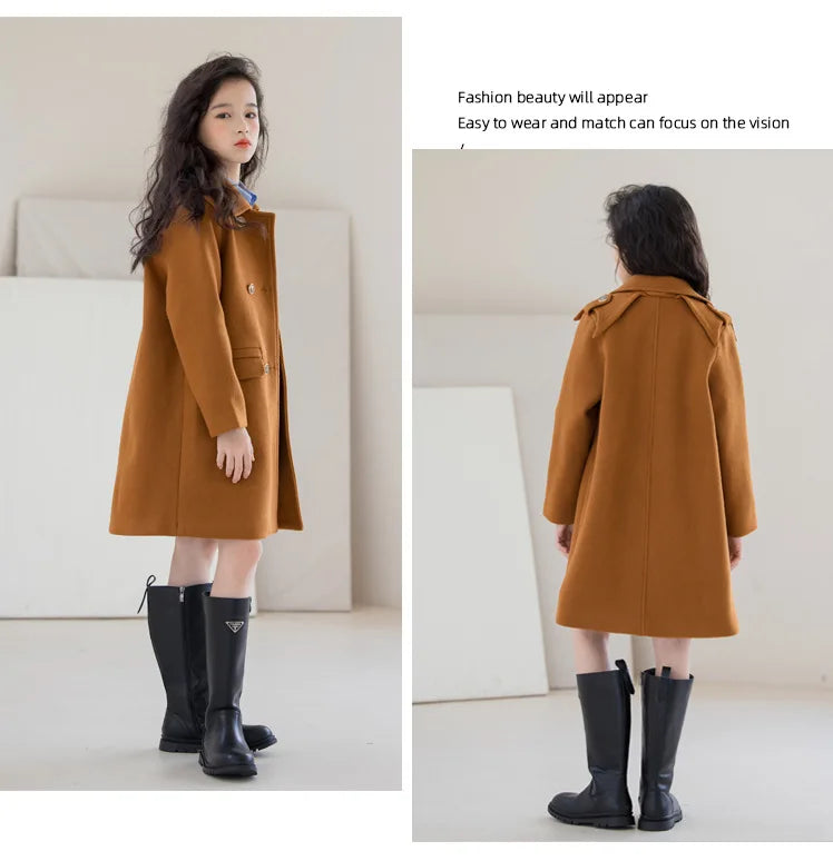 Winter Girls Wool Coat Long Double-faced Tweed Overcoat for Kids Fashion Casual Grey 10 12 14 Years Teenage Children Outerwear