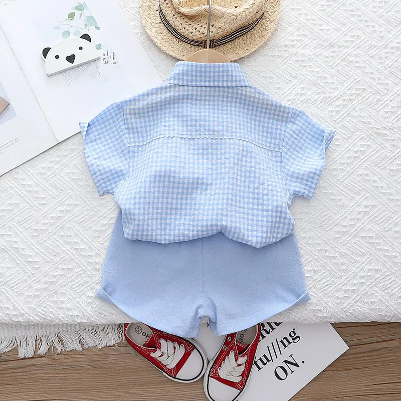 Summer Casual Baby Boy Toddler Causal ClothesPlaid Shirt Tops Pants 2Pcs/Set With Tie Cotton Kids Outfits Clothing Suit