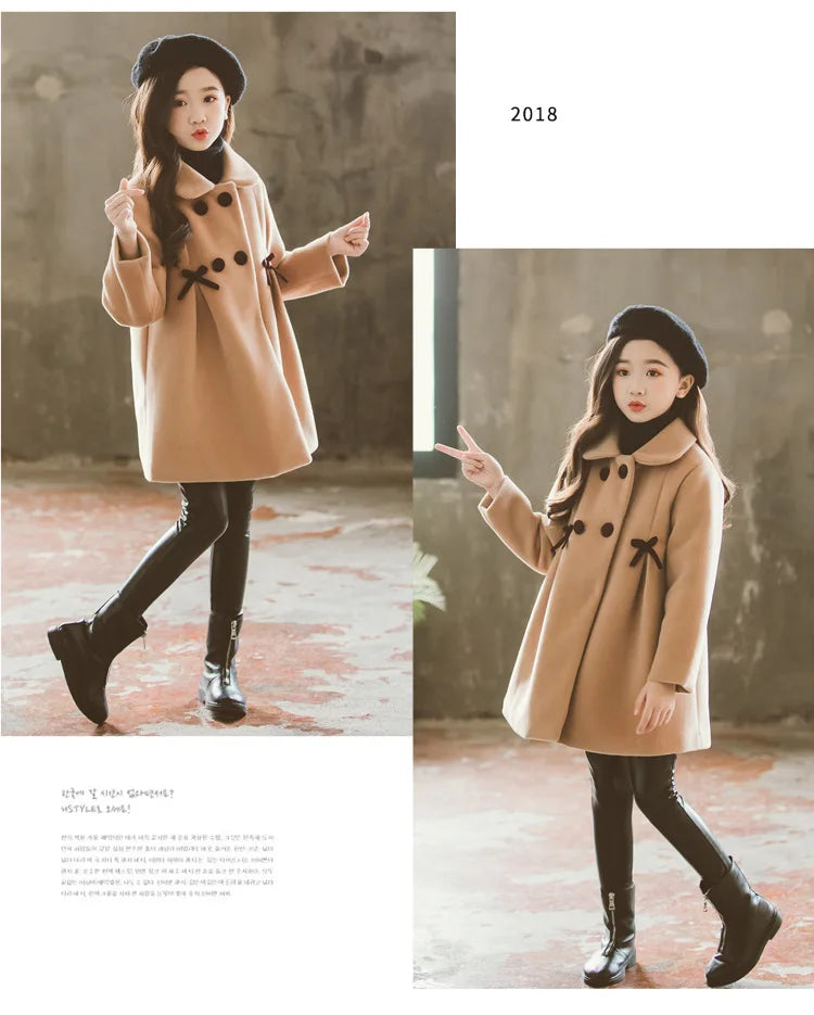 3 4 5 6 8 10 12 Years Girls Wool Coat Autumn Winter Korean Version Long Kids Jacket Double Breasted Children Outerwear Clothing