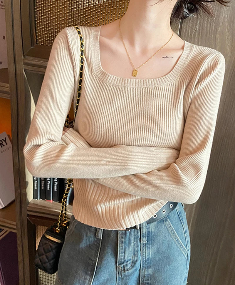 Autumn Winter Fashion Sweater Slim Knitted Pullover Women Square Collar Soft Solid Jumper Casual All Match Female Tops 2024 New