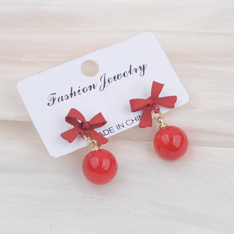 Red Black Bow Knot Drop Earrings for Women Elegant Party White Round Imitation Pearl Dangle Earrings Geometry Party Jewelry Gift