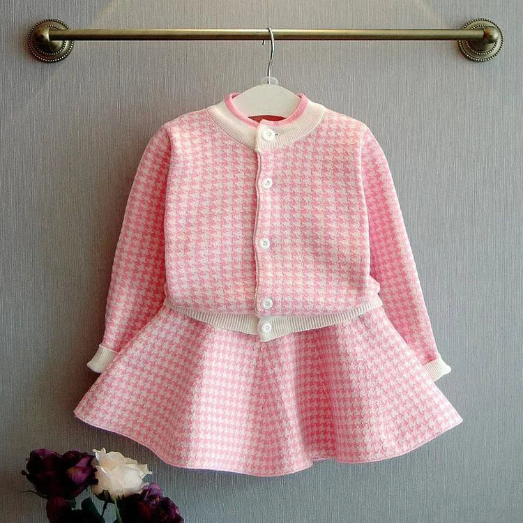 2024 Autumn Little Girl Pink Plaid Sweater Sets Winter Kids Korean Style Casual Cardigan Sweater Baby Girl Toddler Clothing