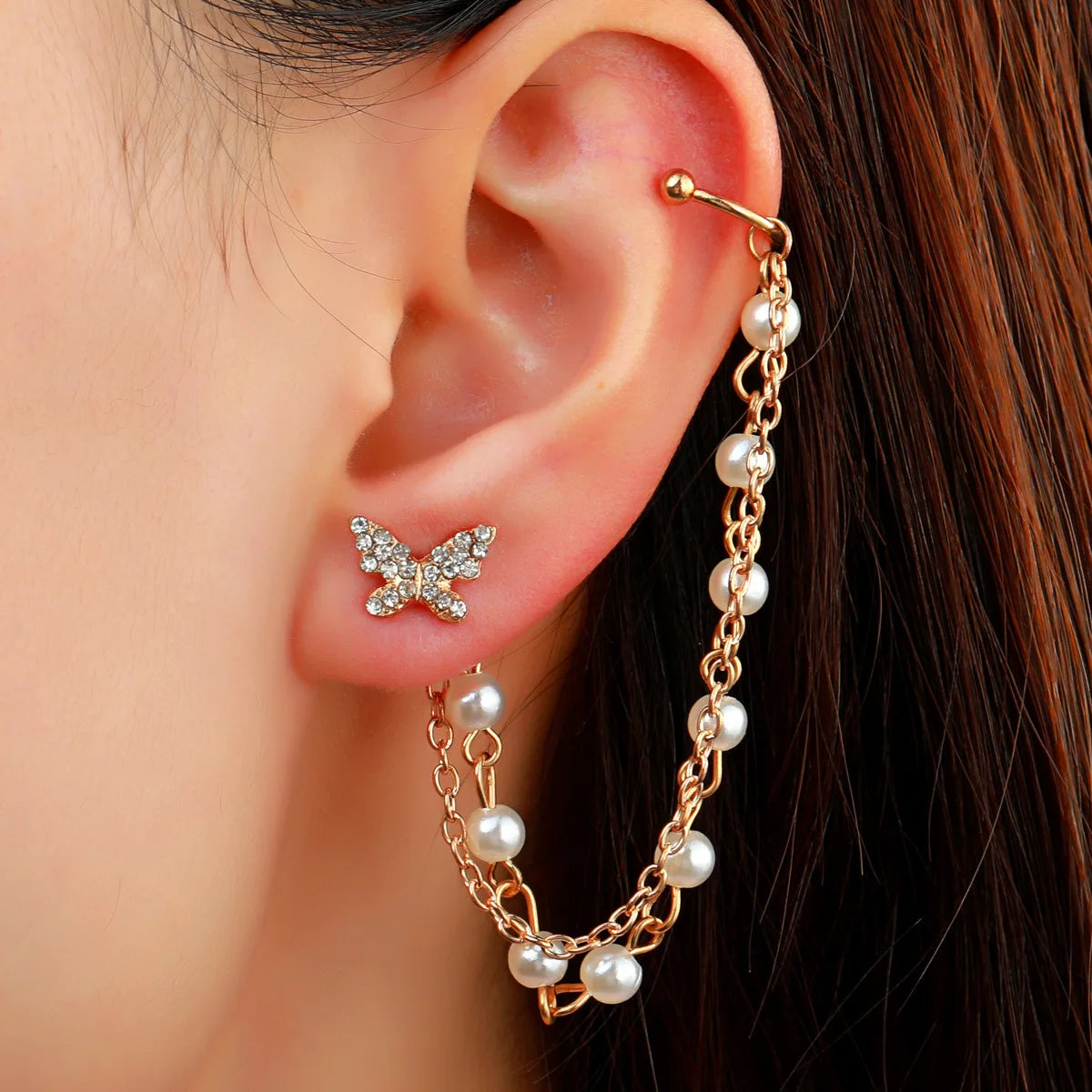 Korean Elegant Rhinestone Butterfly Stud Earrings For Women Girls Cute Fashion Metal Cuff Chain Tassel Boucle D'oreille Jewelry