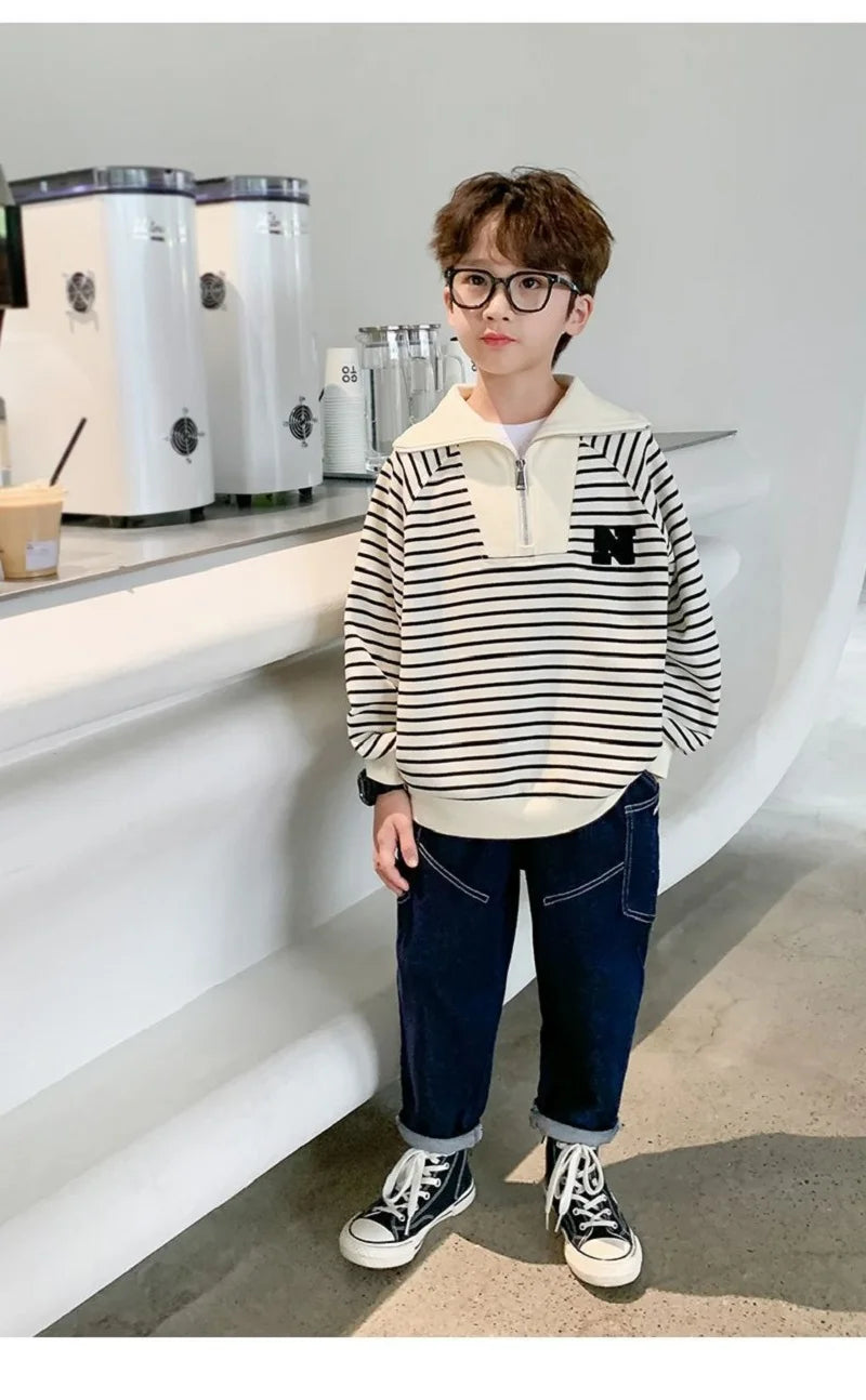 Spring Autumn School Kids Cotton Striped Half Zip Lapel Sweatshirt Boys Pullover Jumper Children Outfits Tracksuit Tops 3-14 Yrs