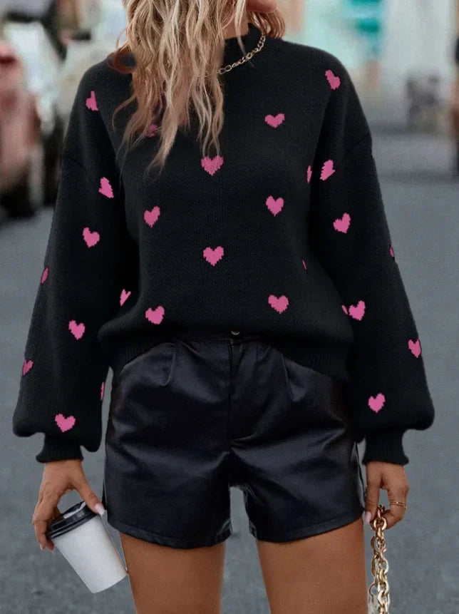 Cute Black Heart Graphic Sweater, Drop Shoulder Long Sleeve Casual Sweater For Fall & Winter, Women's Clothing